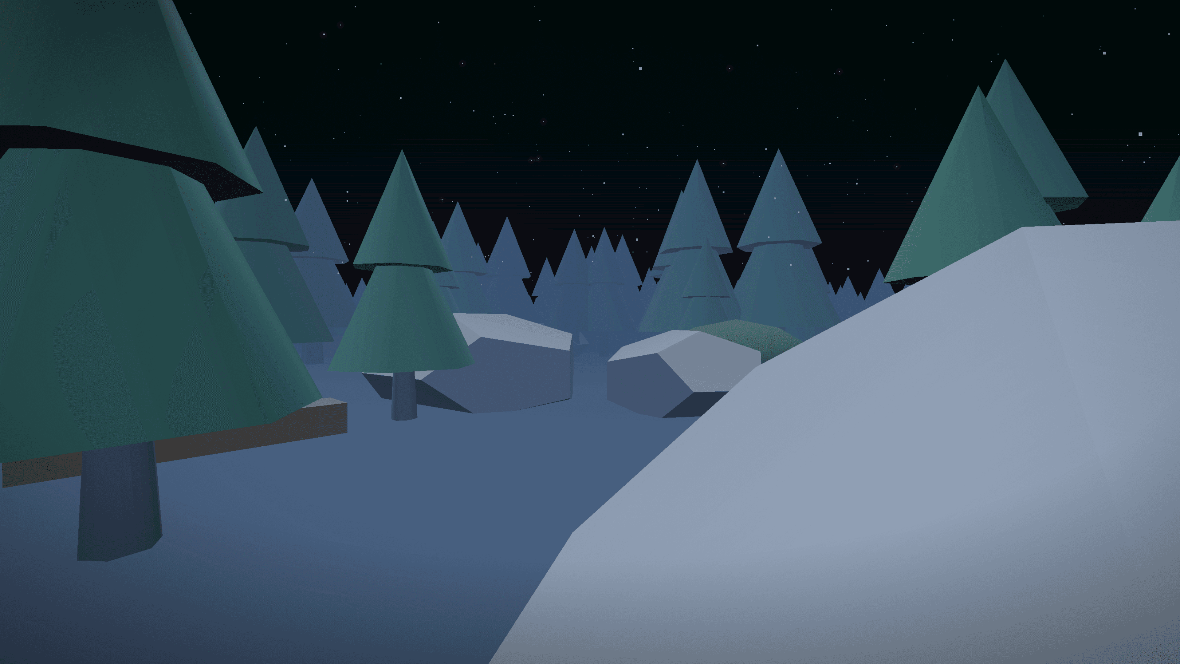 Dense stand of pine trees in Lullwood's night forest, seen from ground level near a snowbank