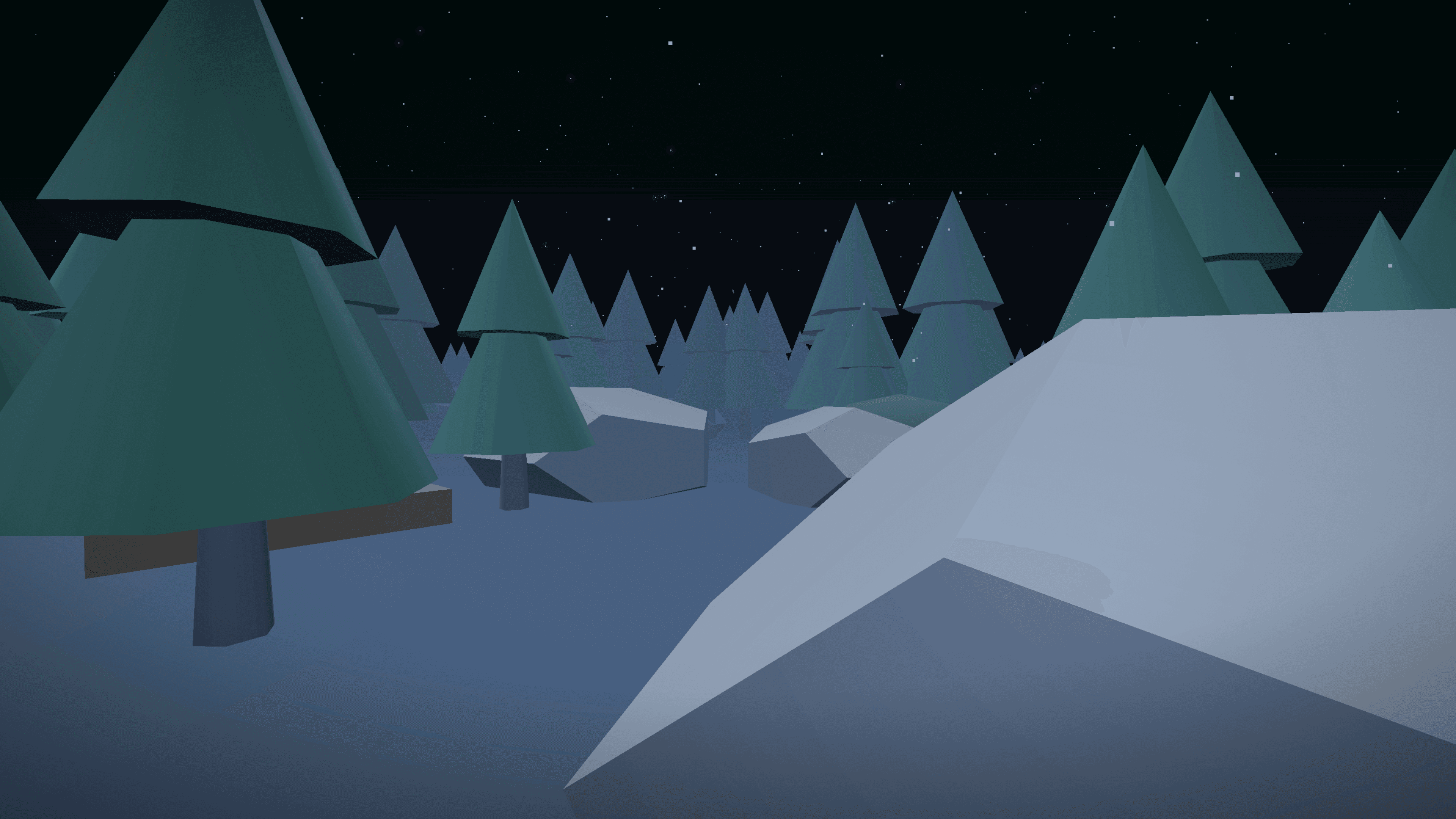 Low-poly pine forest at night in Lullwood, snow-dusted ground and a rocky outcrop under a starfield